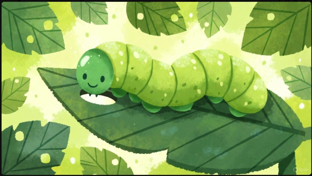 日曜日に緑の葉っぱを食べてお腹が治り、笑顔になったはらぺこあおむしのイラスト