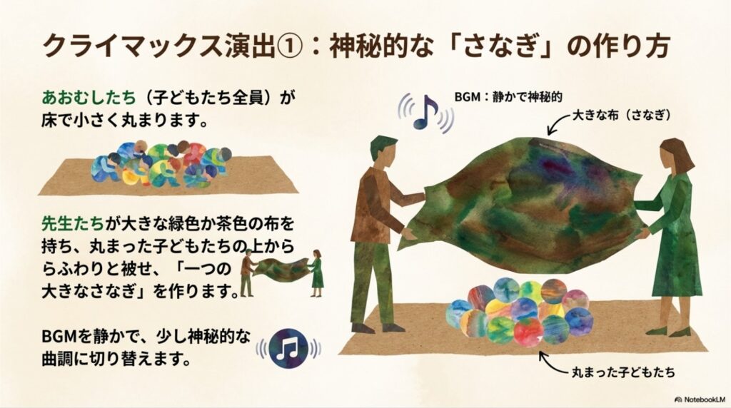 大きな布を被せて「さなぎ」を表現する神秘的な演出方法