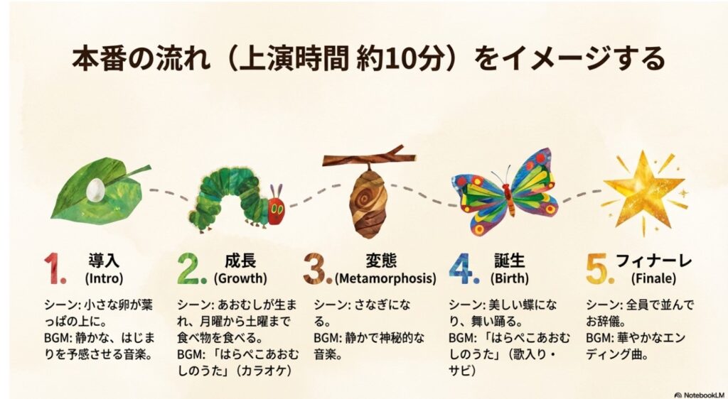 音楽に合わせて布を取り、カラフルな羽を広げて蝶になるフィナーレの演出