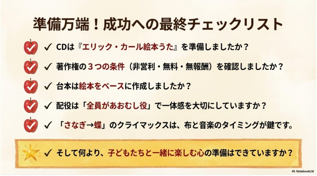 CD、著作権、台本、配役、演出、心の準備の最終チェックリスト