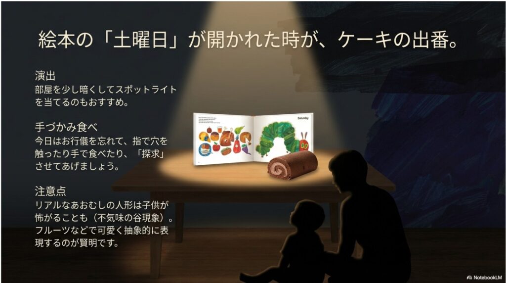 部屋を暗くして絵本の土曜日のページとケーキをライトアップする誕生日の演出