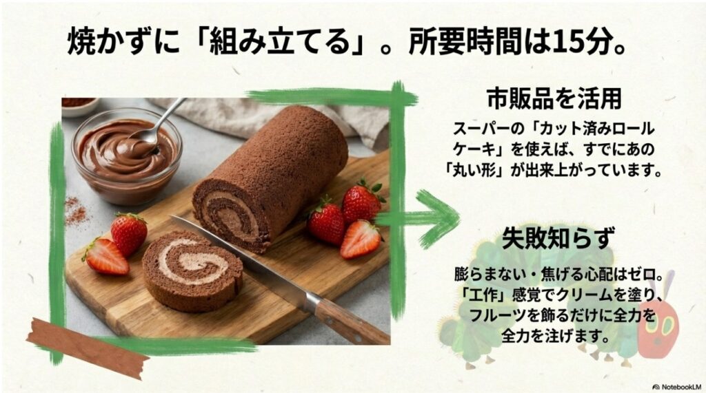 市販のカット済みロールケーキを使って15分で作るはらぺこあおむしケーキの土台
