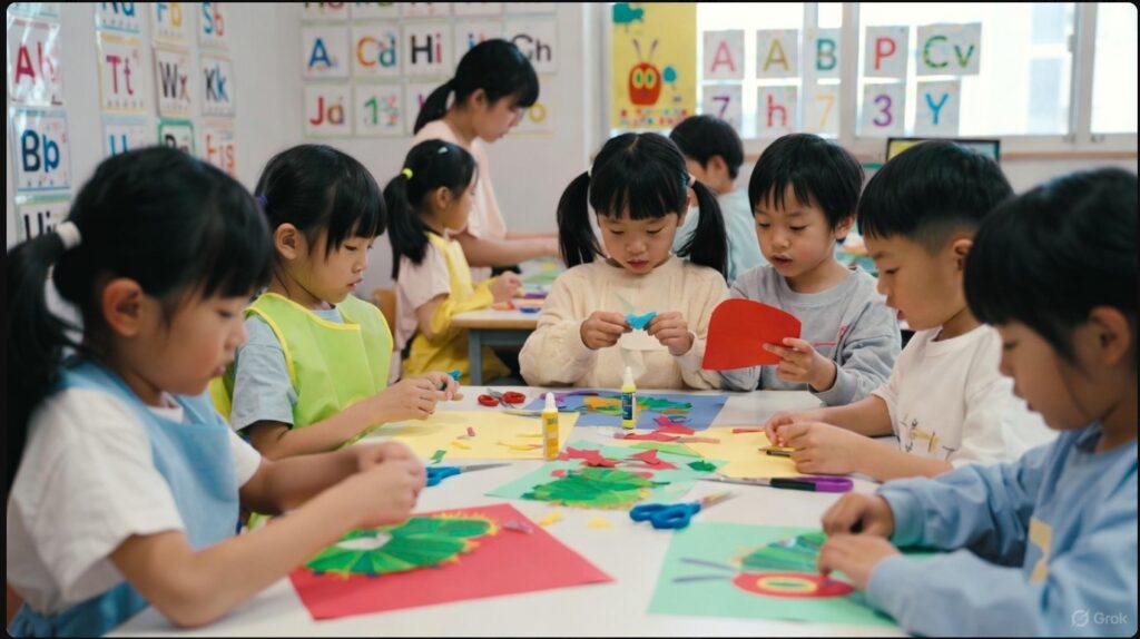 はさみやのりを使って画用紙ではらぺこあおむしを作る子供たち