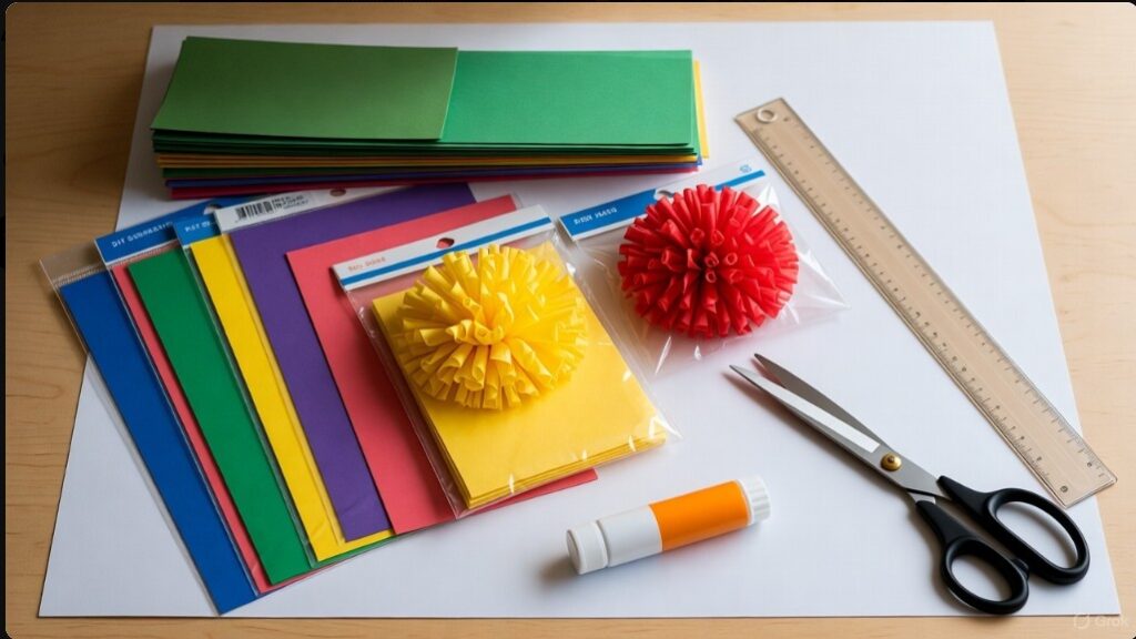 モザイクアート制作に必要な100均の材料一覧。色画用紙、お花紙、スティック糊、ハサミ、定規などの道具セット