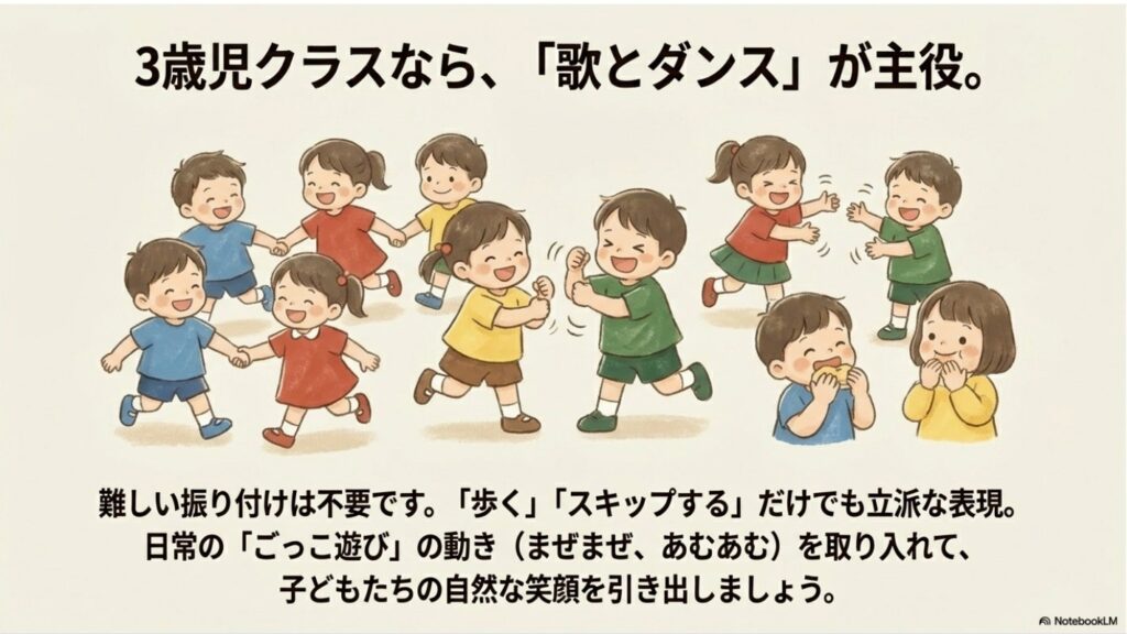 3歳児クラス向けの歌とダンスを中心とした劇あそびの様子を描いたイラスト