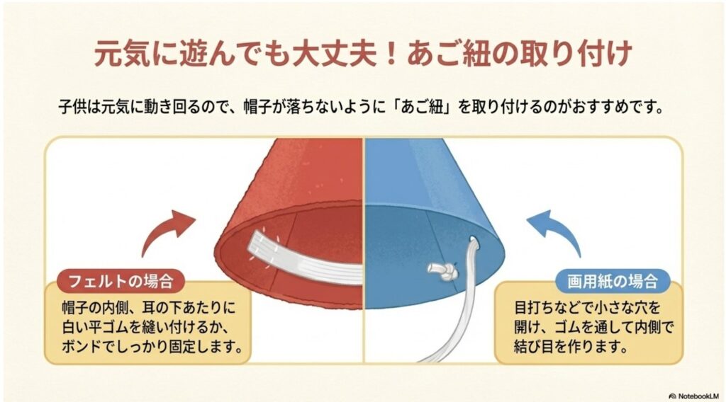 子供用帽子へのゴム紐（あご紐）の取り付け方（フェルト・画用紙別）