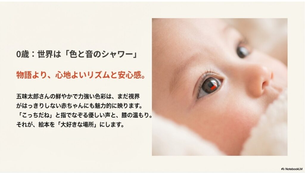 絵本をじっと見つめる赤ちゃんの瞳のアップ