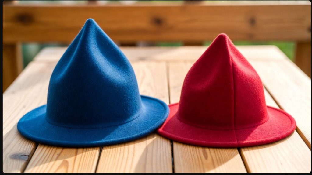 ぐりとぐらの帽子の大きさの違いを比較した、青と赤のフェルト帽子の画像