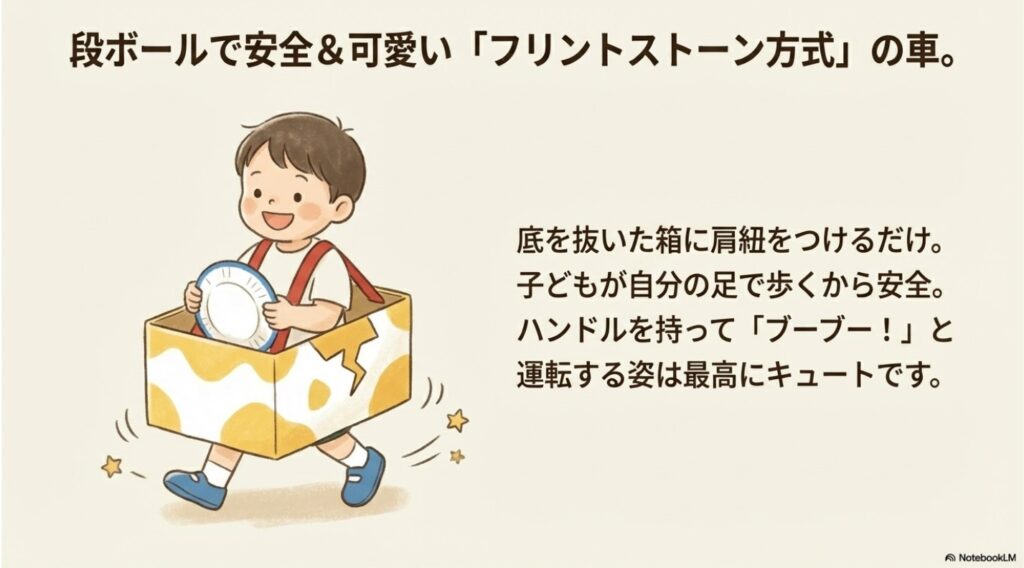 段ボールの底を抜いて子どもが歩くフリントストーン方式の車の作り方