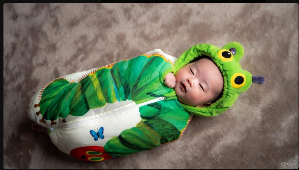 手作りのはらぺこあおむし衣装を着た赤ちゃんの着用写真