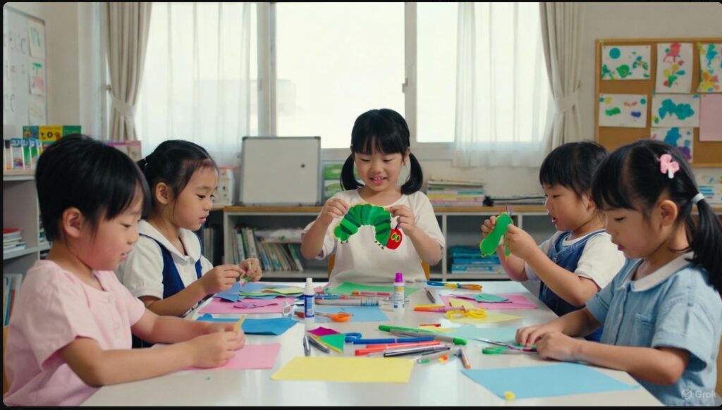 完成したはらぺこあおむしの作品を見せる子供たち