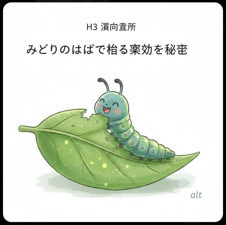 緑の葉っぱを美味しそうに食べているかわいいあおむしのイラスト