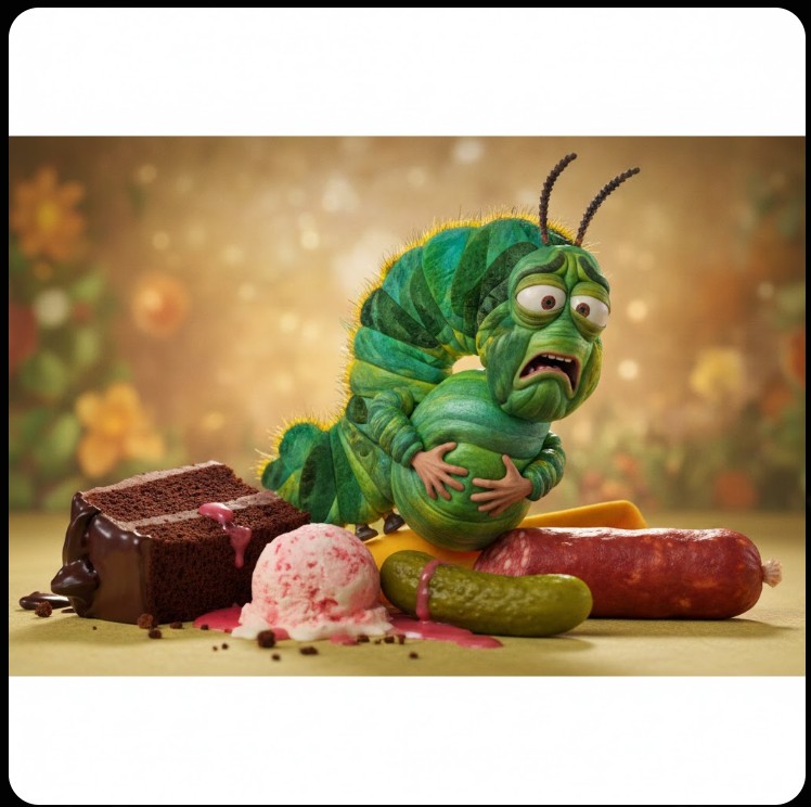 食べ過ぎて困り顔をしているあおむしとチョコレートケーキやアイスクリーム