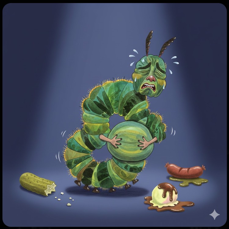 食べ過ぎてお腹が痛くなり泣いているあおむしのイラスト