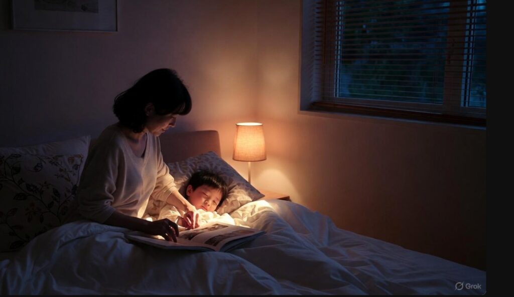 ぐりとぐらの読み聞かせを終えて安らかに眠る子供と母親の寝室の風景