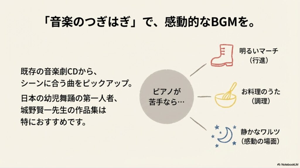 既存の音楽劇CDからマーチやワルツを組み合わせてBGMを作る方法の図解
