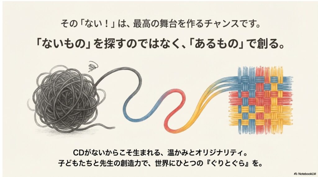 CDがないことをチャンスと捉え、あるもので創造する大切さを伝えるメッセージ画像