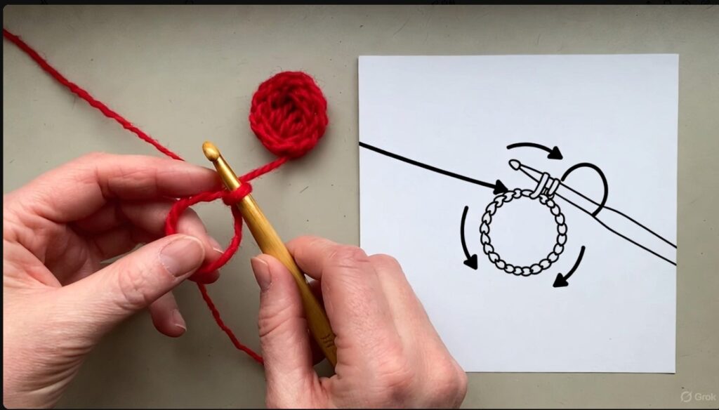 かぎ針編みの基礎：帽子作りの最初のステップ「わ（マジックリング）」の編み方手順と図解