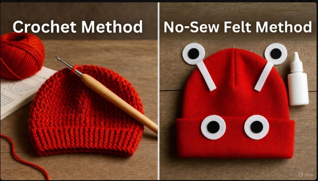 はらぺこあおむし帽子の作り方比較：本格的なかぎ針編みと縫わないフェルト貼り付けの手法の違い