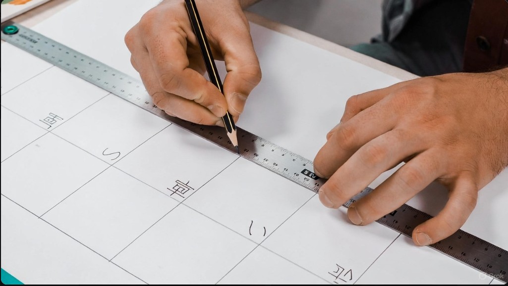 大きな模造紙に定規でマス目を引き、色の指定となる記号を鉛筆で書き込んでモザイクアートの下絵を作成する工程