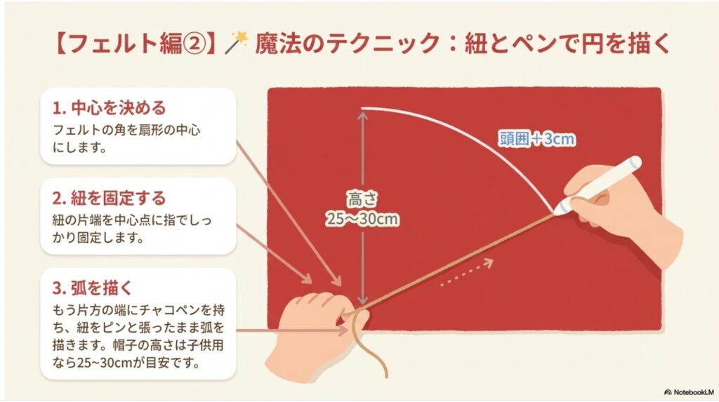 紐とペンをコンパス代わりにしてフェルトにきれいな扇形を描く方法