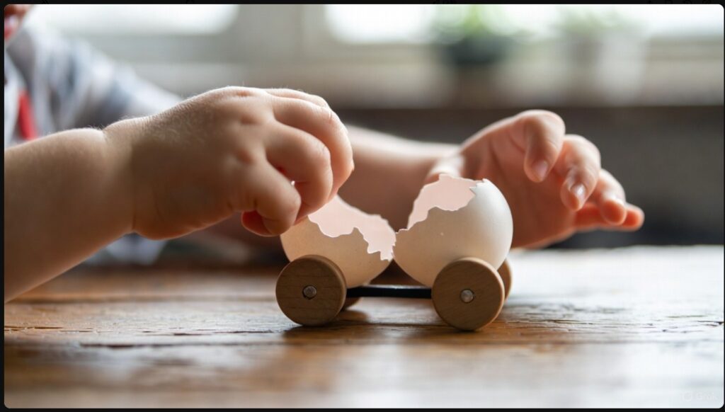 卵の殻と木のタイヤで作った手作りの車の工作。ぐりとぐらのラストシーンである「卵の殻の自動車」を再現したおもちゃ