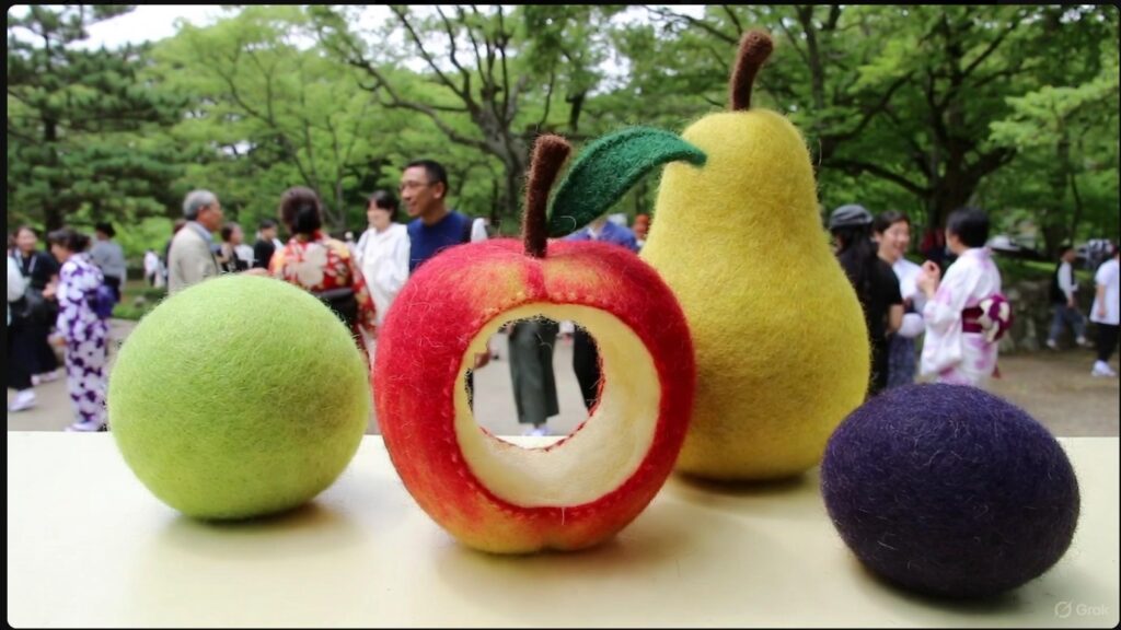 羊毛フェルトで作ったはらぺこあおむしの食べ物（果物）の小道具