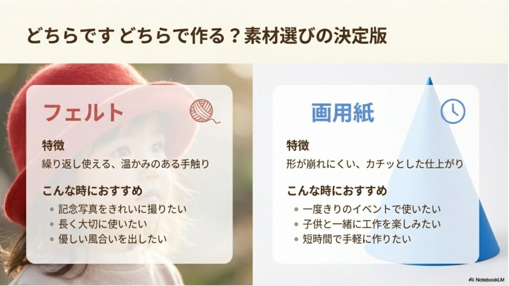 フェルトと画用紙の特徴比較チャート（メリット・デメリットと用途）