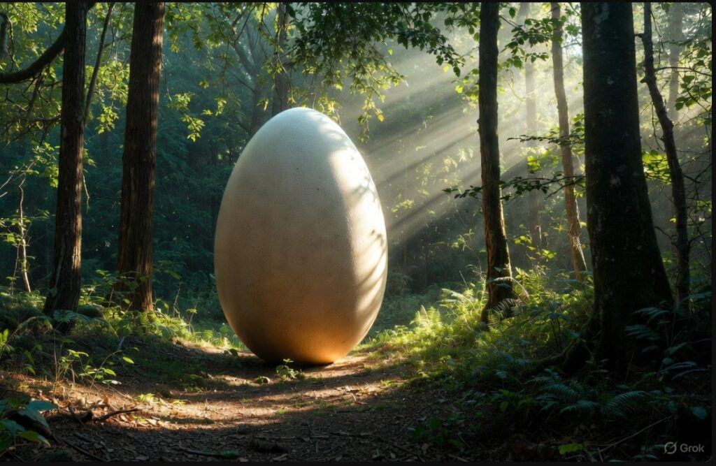 森の小道に落ちている巨大な白い卵のイメージ図。ぐりとぐらの物語の始まりを予感させる神秘的な森の風景