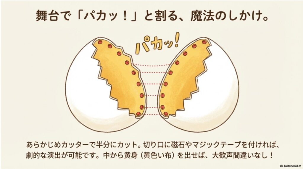 舞台上でパカッと割れる巨大卵の仕掛けの構造図
