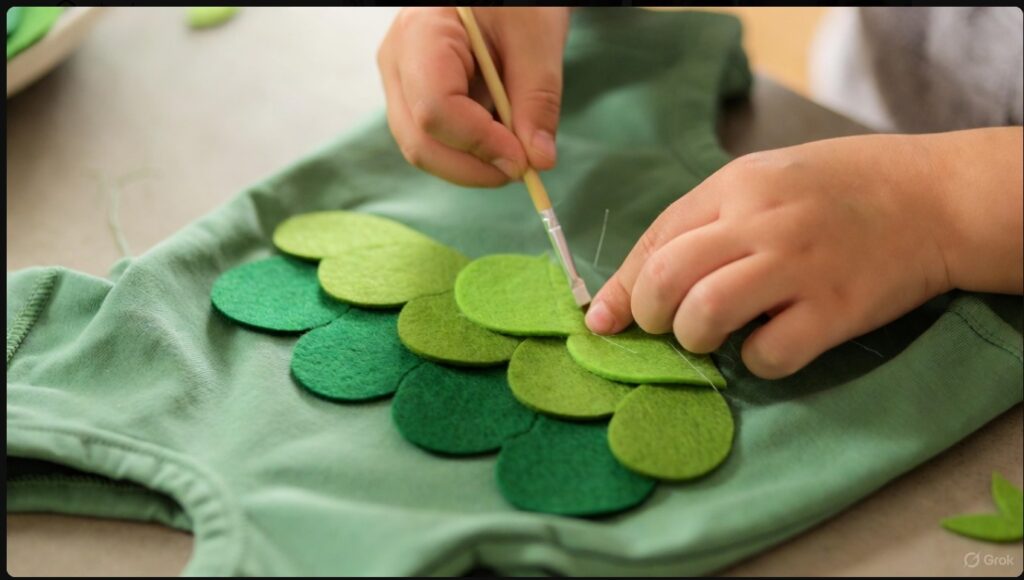 衣装のパーツとなるフェルトを貼り付ける製作作業の手元