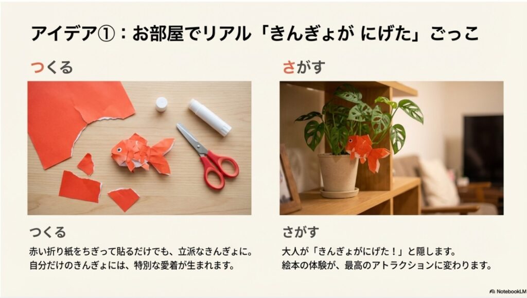 赤い折り紙で作った金魚とお部屋でのごっこ遊びの様子