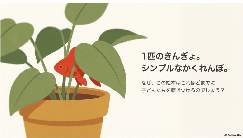 観葉植物の鉢植えに隠れている赤い金魚のイラスト