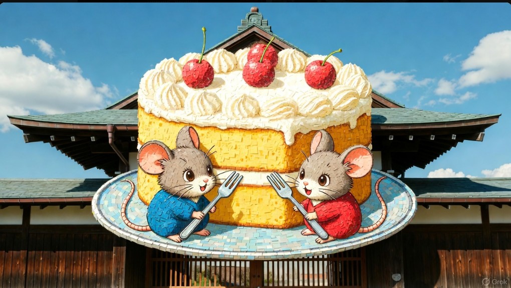 青空の下、運動会の入場門に飾られたぐりとぐら風の大きな黄色いカステラとねずみの手作りモザイクアート壁面飾り