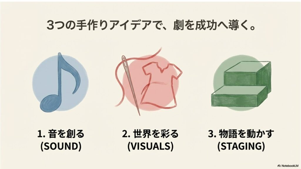 手作りの衣装や大道具、音楽で劇を成功させる3つのアイデアのイラスト