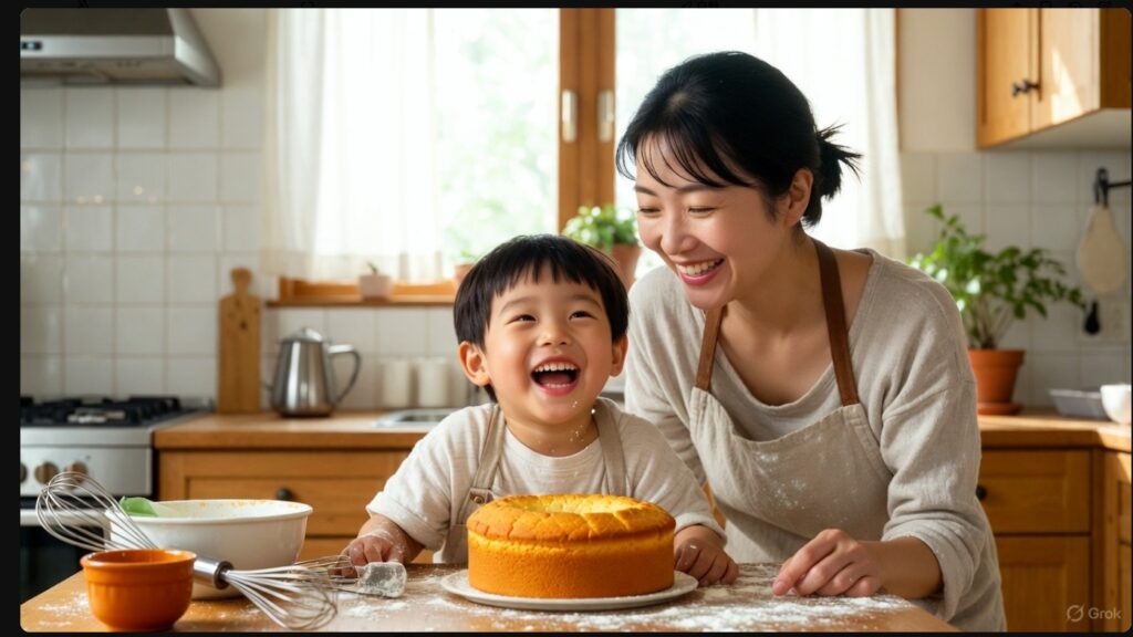 自宅のキッチンで絵本のカステラ再現レシピに挑戦し、焼き上がった黄色いケーキを前に笑顔を見せる日本人親子