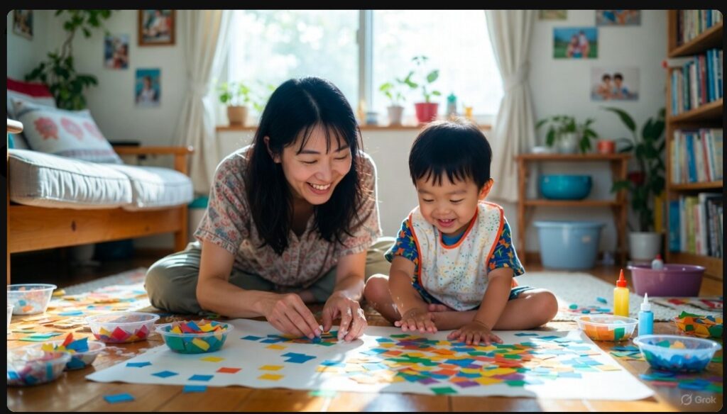 リビングで日本人の親子が笑顔で協力しながら、大きなモザイクアートに色紙を貼り付けて楽しんでいる制作風景