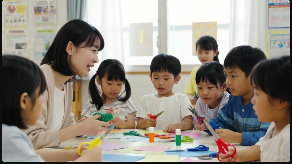 保育士と一緒にハサミを使って工作をする園児たち