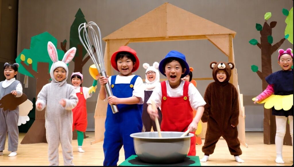 幼稚園の発表会でぐりとぐらの劇ごっこをする子供たち。青と赤の帽子と手作り衣装を着て、大きな泡立て器で料理する演技の様子