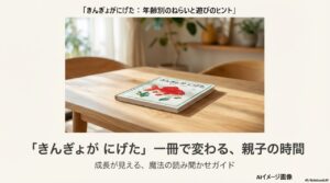 木目のテーブルに置かれた絵本『きんぎょが にげた』の表紙