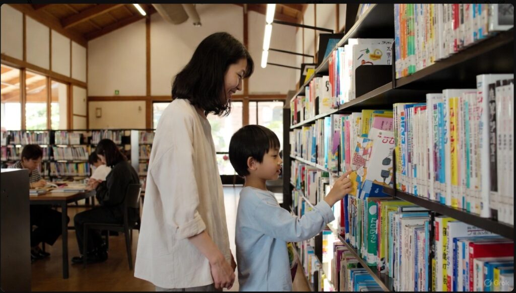 公立図書館の児童書コーナーの本棚から、読み聞かせ用の絵本を探している日本人親子の様子