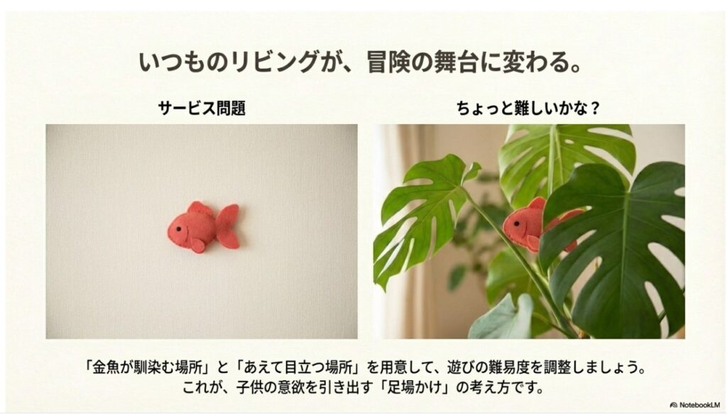 実践：リビングでの難易度別・隠し場所例