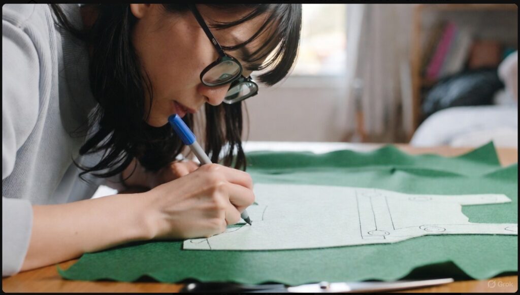 はらぺこあおむしの衣装を作るための型紙作成と下書きの様子