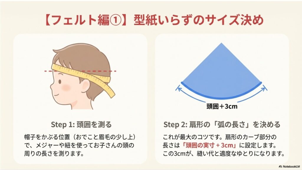 子供の頭囲の測り方と帽子の扇形サイズ（頭囲＋3cm）の決め方図解