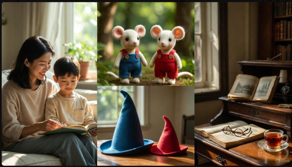 ぐりとぐらの絵本を笑顔で読み聞かせする母親と子供のリビングでの様子