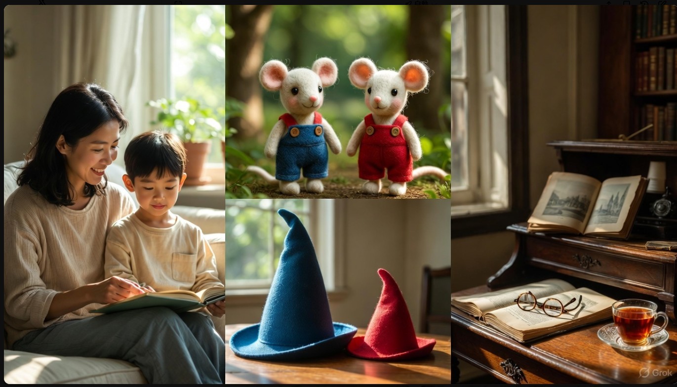 ぐりとぐらの絵本を笑顔で読み聞かせする母親と子供のリビングでの様子