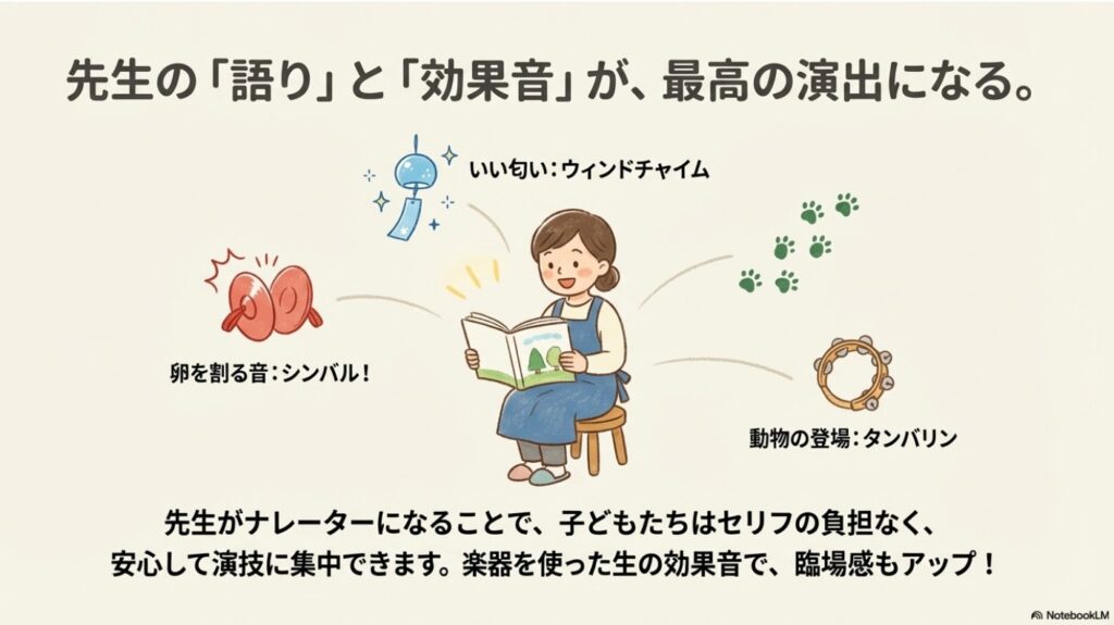 先生の語りと楽器を使った効果音で劇を演出するイメージイラスト