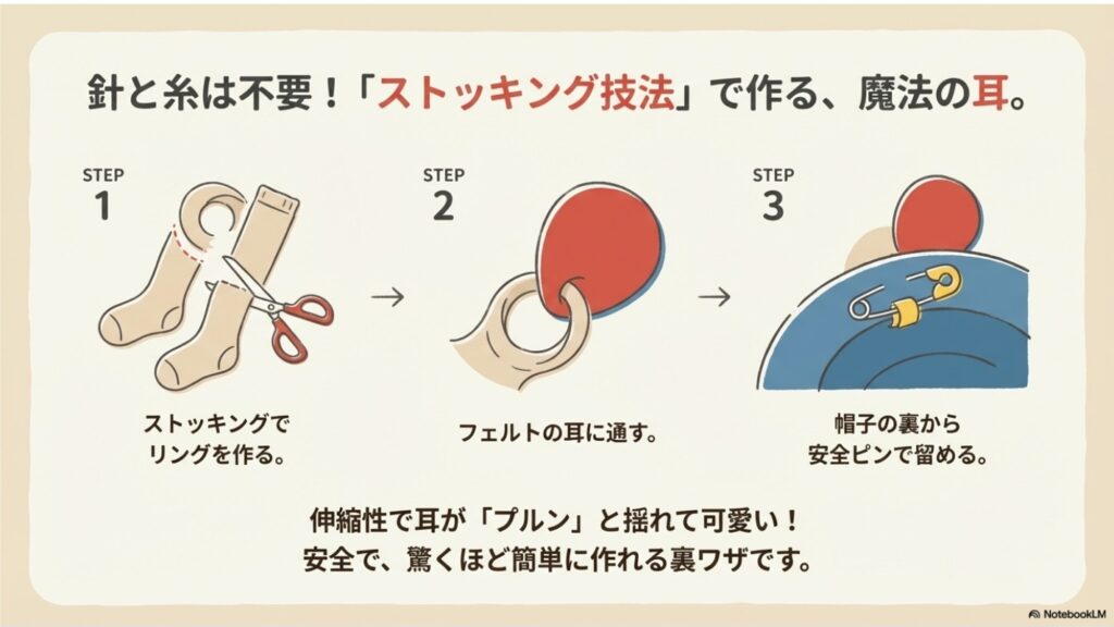 針と糸を使わずストッキングと安全ピンでネズミの耳を作る手順の図解
