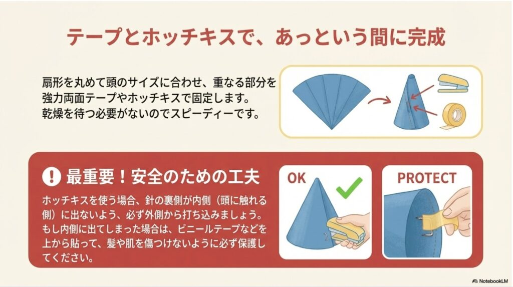 画用紙で作る帽子のホッチキス止め手順と針の保護による安全対策