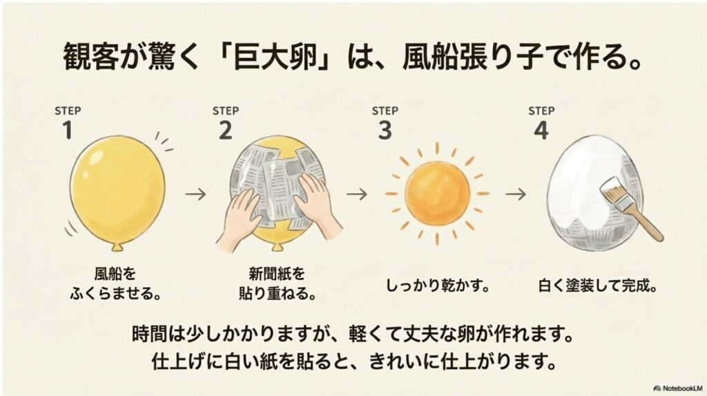 風船と新聞紙を使って巨大な卵を作る風船張り子の手順イラスト